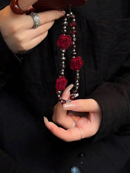 Dark Rose Gothic Beaded Keychain, Fashionable Niche Mobile Phone Chain Bag Pendant Gifts For Mother, Family, Friends, Birthday, Holiday Phone Charm