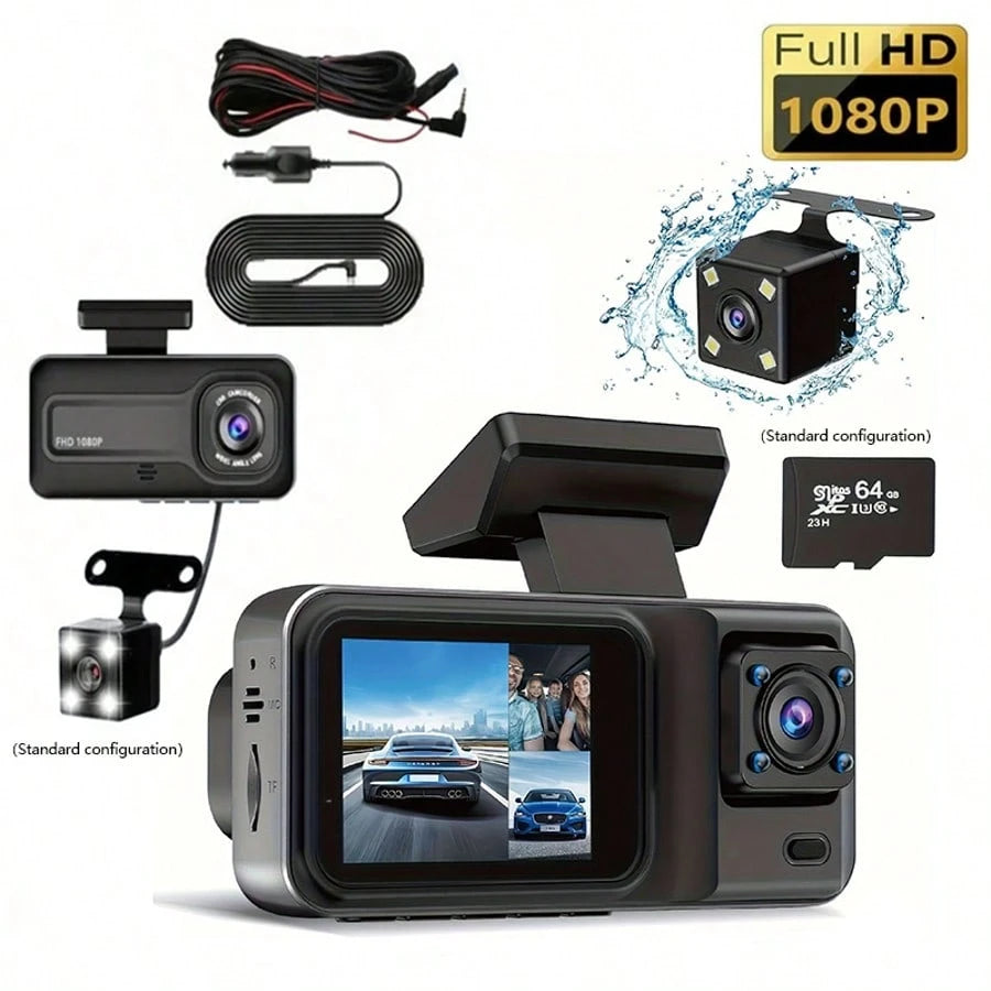 Dash Cam For Car, 1080P 3-Channel Dash Cam- Front/Rear/Interior Recording, With Infrared Night Vision, Loop Recording, Wide Angle DVR, 2.0" IPS Screen, Car Video Recorder, 150mAh Lithium Battery