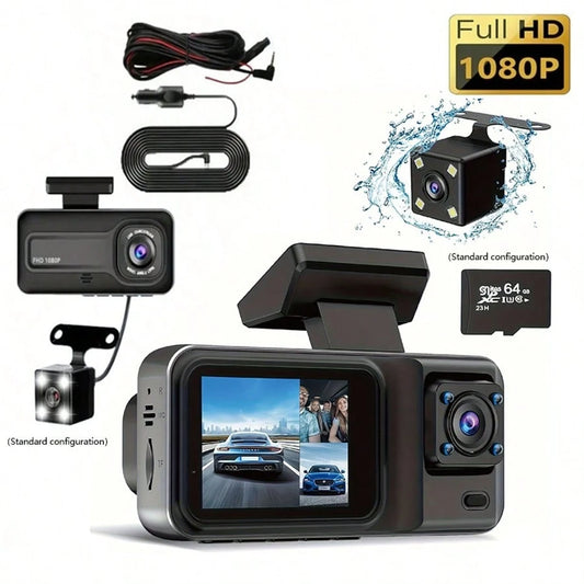 Dash Cam For Car, 1080P 3-Channel Dash Cam- Front/Rear/Interior Recording, With Infrared Night Vision, Loop Recording, Wide Angle DVR, 2.0" IPS Screen, Car Video Recorder, 150mAh Lithium Battery
