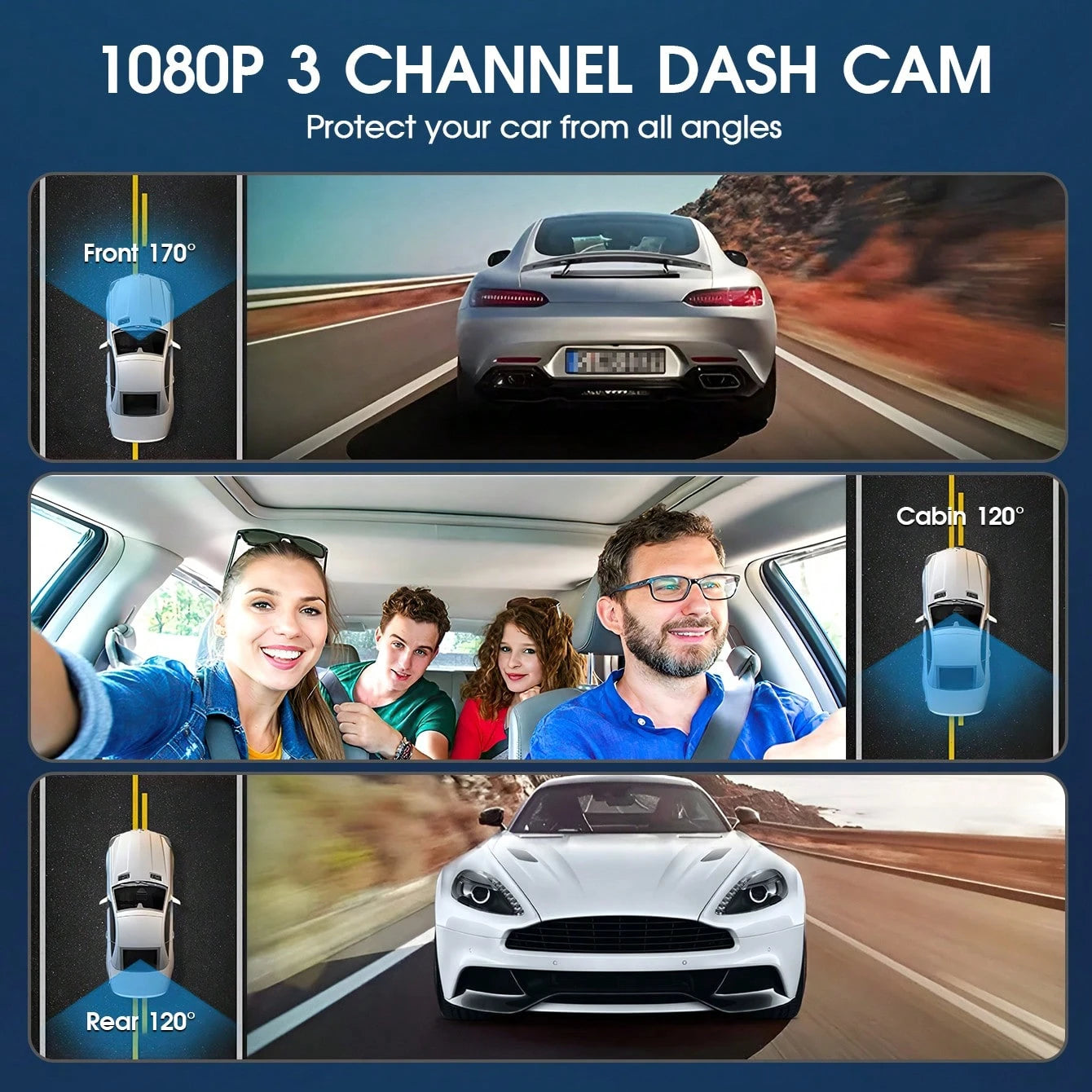 Dash Cam For Car, 1080P 3-Channel Dash Cam- Front/Rear/Interior Recording, With Infrared Night Vision, Loop Recording, Wide Angle DVR, 2.0" IPS Screen, Car Video Recorder, 150mAh Lithium Battery
