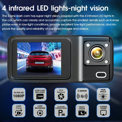 Dash Cam For Car, 1080P 3-Channel Dash Cam- Front/Rear/Interior Recording, With Infrared Night Vision, Loop Recording, Wide Angle DVR, 2.0" IPS Screen, Car Video Recorder, 150mAh Lithium Battery
