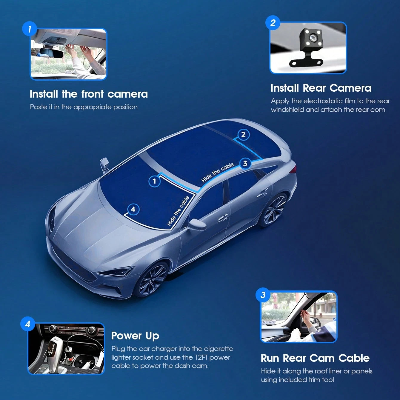 Dash Cam For Car, 1080P 3-Channel Dash Cam- Front/Rear/Interior Recording, With Infrared Night Vision, Loop Recording, Wide Angle DVR, 2.0" IPS Screen, Car Video Recorder, 150mAh Lithium Battery