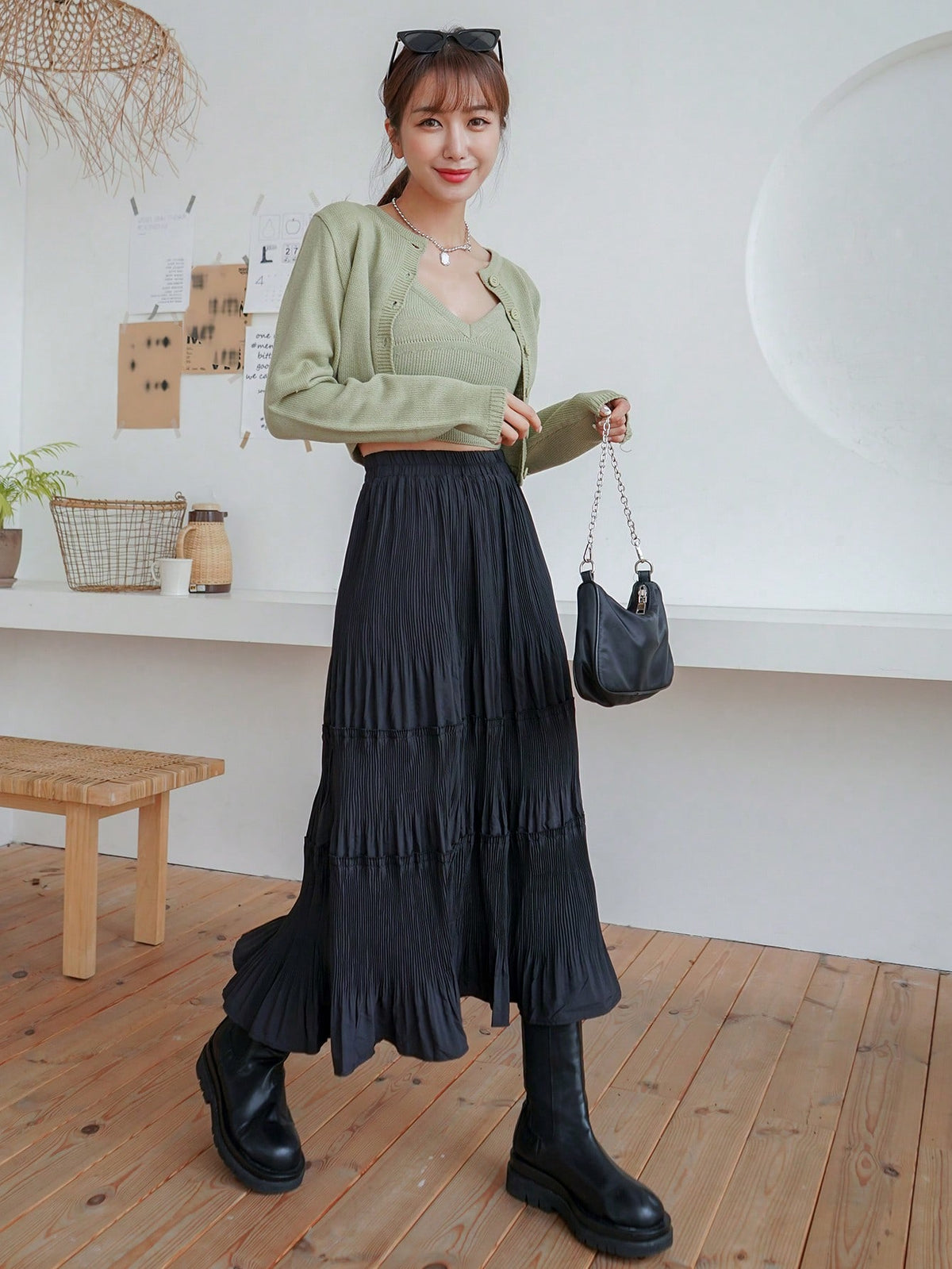 DAZY High Waist Plisse Ruffle Hem Skirt Fall