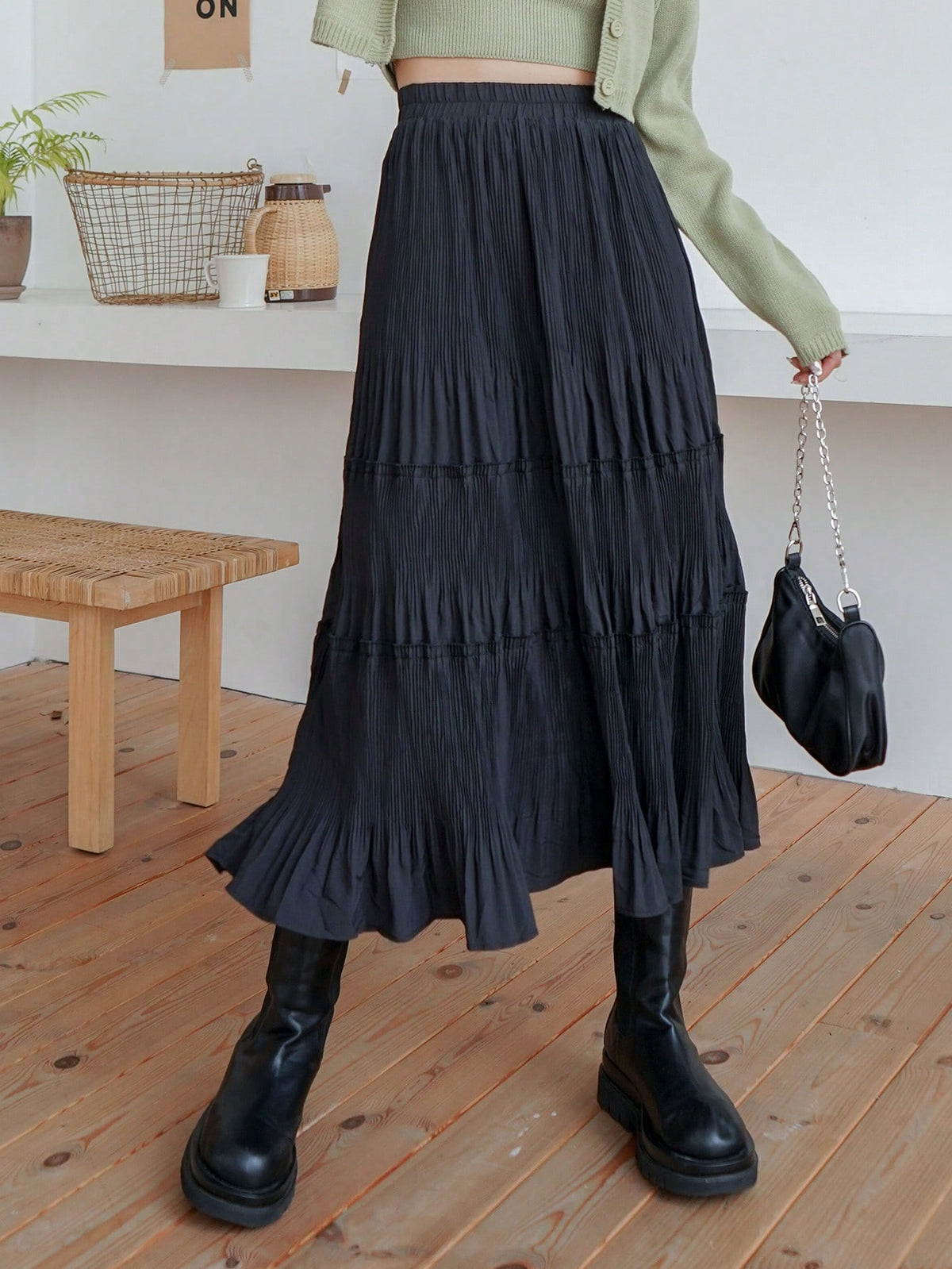 DAZY High Waist Plisse Ruffle Hem Skirt Fall