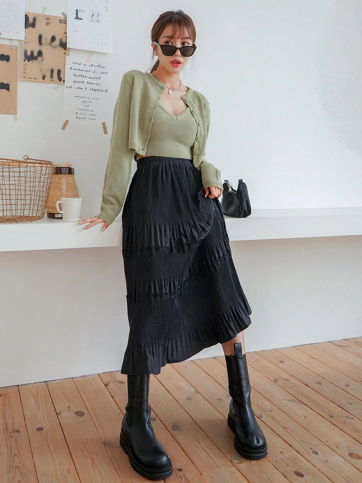 DAZY High Waist Plisse Ruffle Hem Skirt Fall