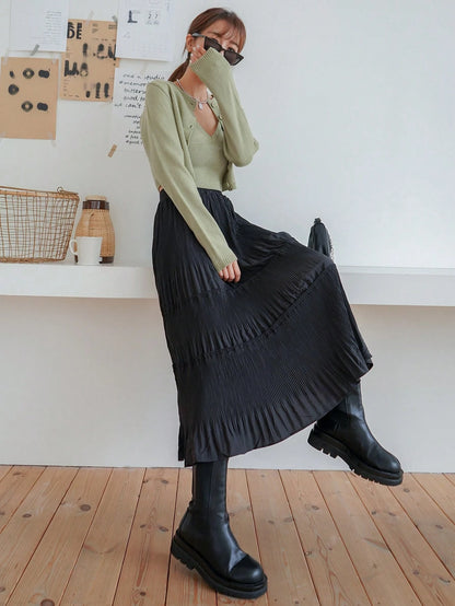 DAZY High Waist Plisse Ruffle Hem Skirt Fall