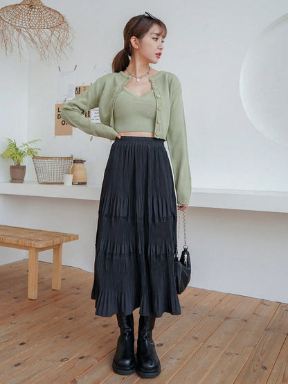 DAZY High Waist Plisse Ruffle Hem Skirt Fall