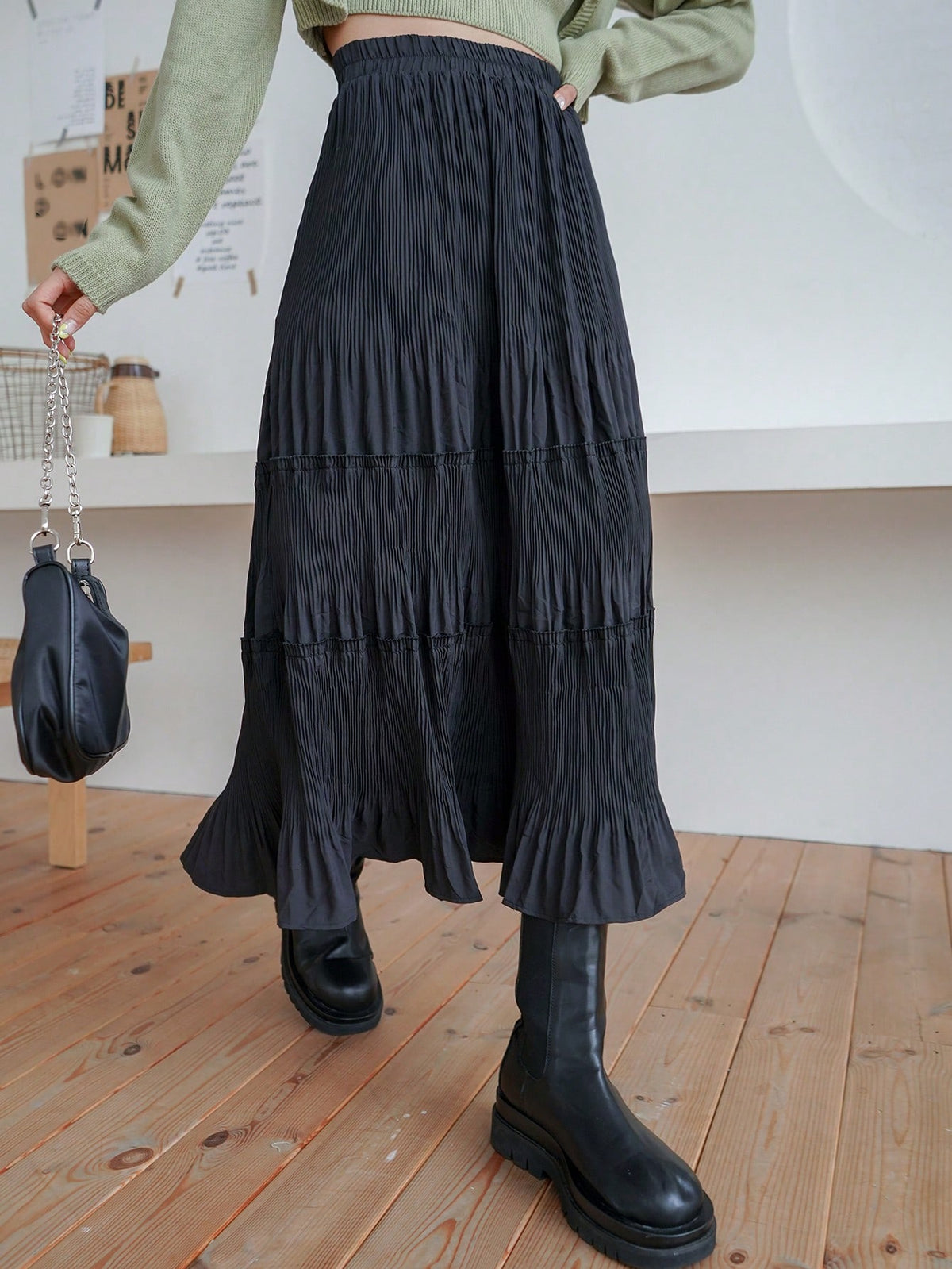 DAZY High Waist Plisse Ruffle Hem Skirt Fall