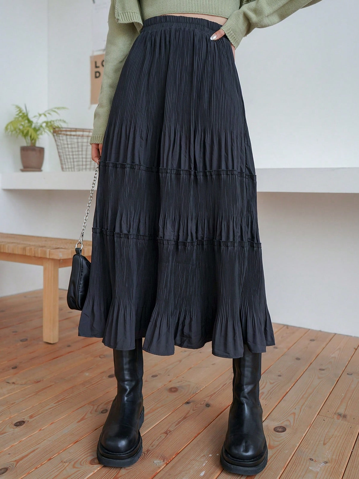 DAZY High Waist Plisse Ruffle Hem Skirt Fall