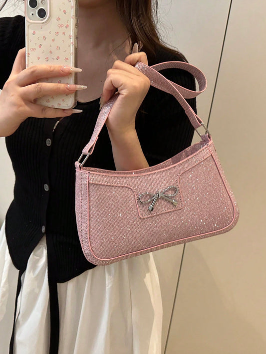 DAZY New Fashion Casual Shoulder Strap Women PU Solid Color (Black, Coffee, Khaki) Bowknot Metal Hardware Armpit Pouch Makeup Bag, Pink