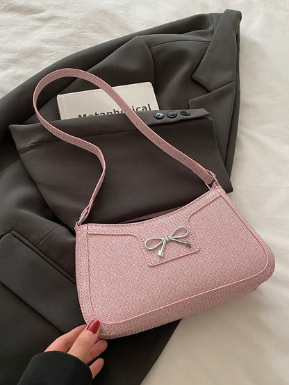DAZY New Fashion Casual Shoulder Strap Women PU Solid Color (Black, Coffee, Khaki) Bowknot Metal Hardware Armpit Pouch Makeup Bag, Pink