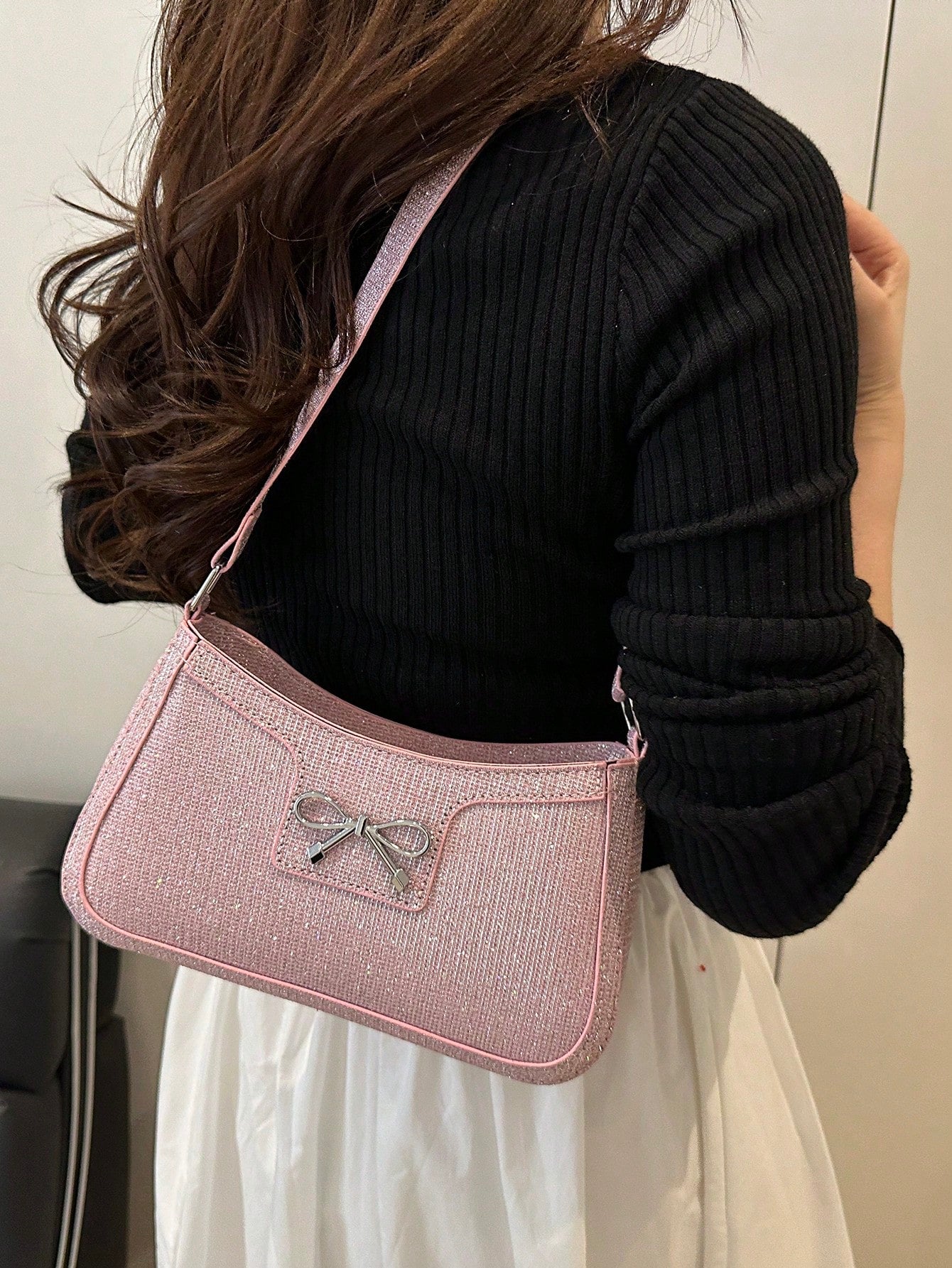 DAZY New Fashion Casual Shoulder Strap Women PU Solid Color (Black, Coffee, Khaki) Bowknot Metal Hardware Armpit Pouch Makeup Bag, Pink