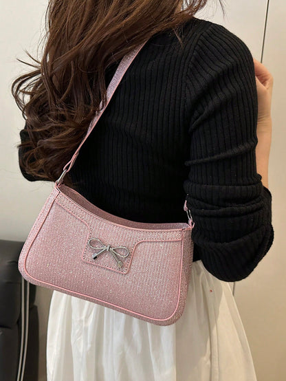 DAZY New Fashion Casual Shoulder Strap Women PU Solid Color (Black, Coffee, Khaki) Bowknot Metal Hardware Armpit Pouch Makeup Bag, Pink
