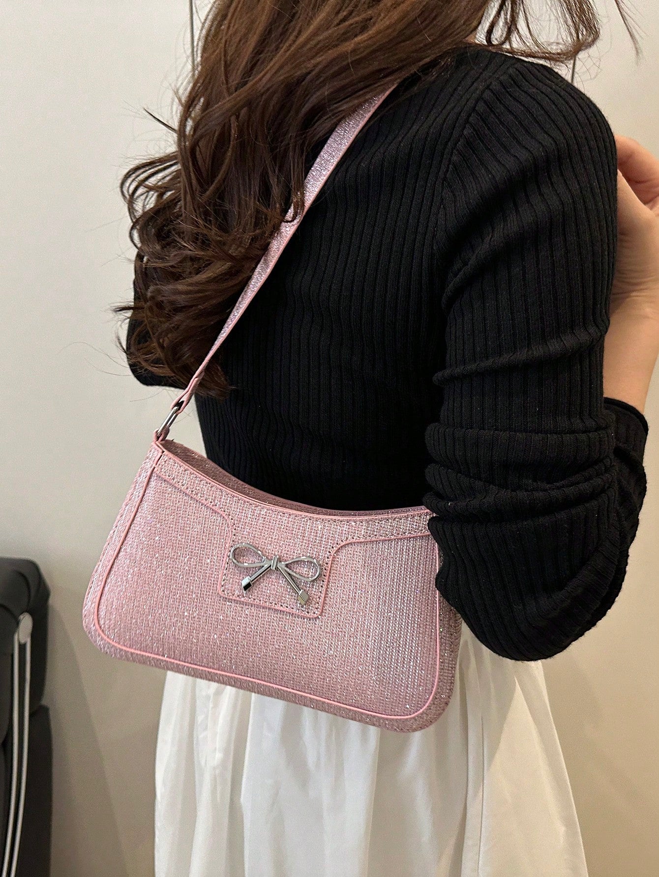 DAZY New Fashion Casual Shoulder Strap Women PU Solid Color (Black, Coffee, Khaki) Bowknot Metal Hardware Armpit Pouch Makeup Bag, Pink