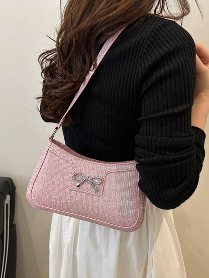 DAZY New Fashion Casual Shoulder Strap Women PU Solid Color (Black, Coffee, Khaki) Bowknot Metal Hardware Armpit Pouch Makeup Bag, Pink