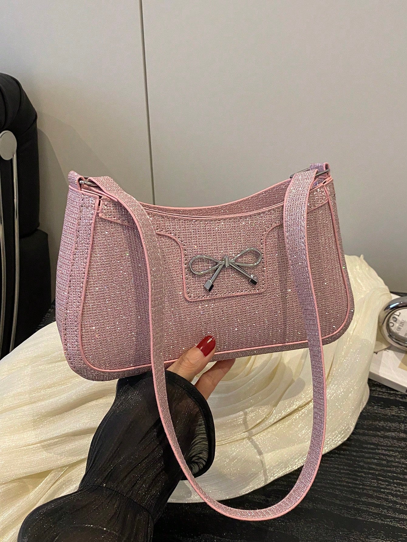 DAZY New Fashion Casual Shoulder Strap Women PU Solid Color (Black, Coffee, Khaki) Bowknot Metal Hardware Armpit Pouch Makeup Bag, Pink