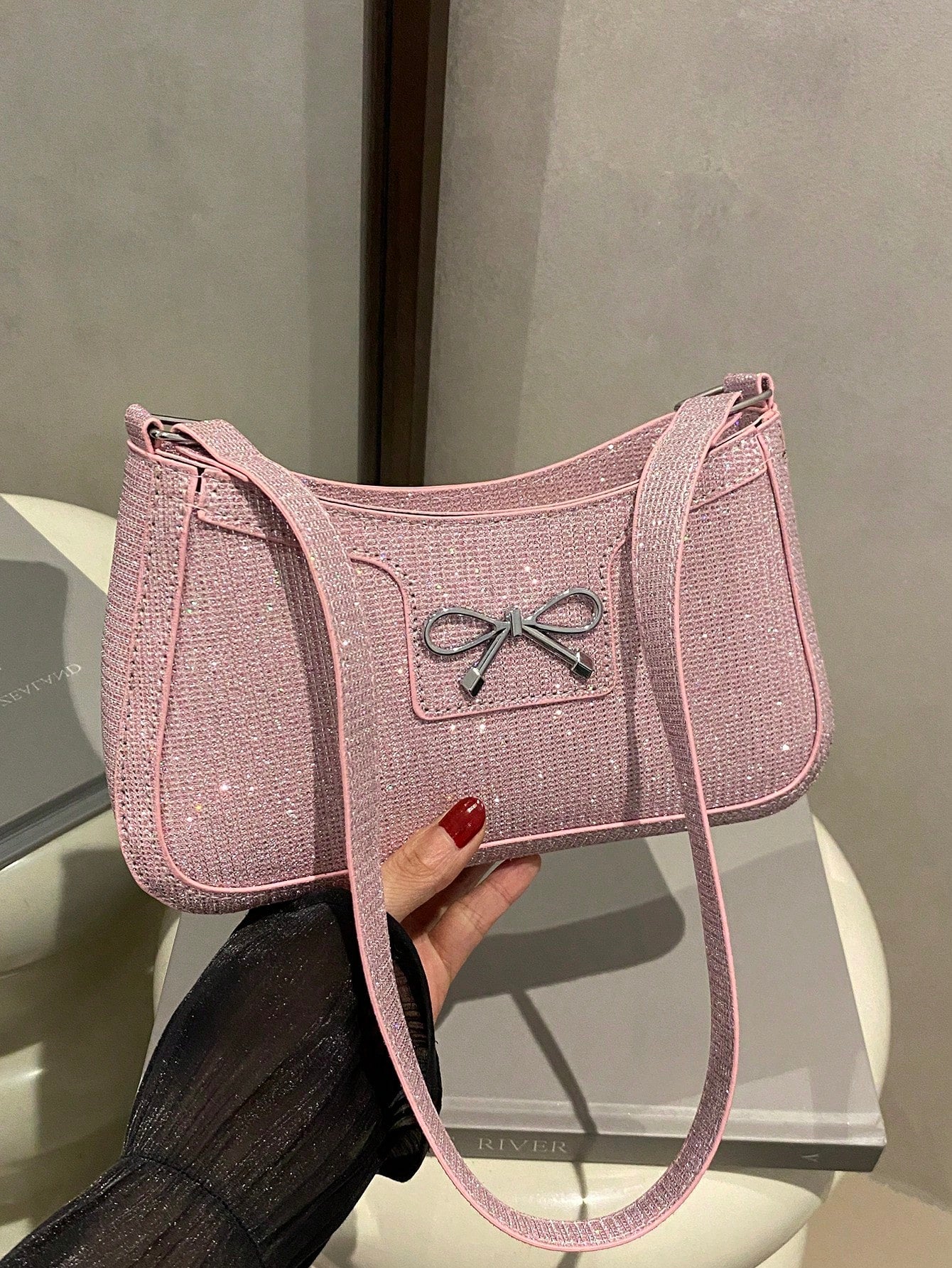DAZY New Fashion Casual Shoulder Strap Women PU Solid Color (Black, Coffee, Khaki) Bowknot Metal Hardware Armpit Pouch Makeup Bag, Pink