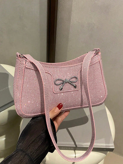 DAZY New Fashion Casual Shoulder Strap Women PU Solid Color (Black, Coffee, Khaki) Bowknot Metal Hardware Armpit Pouch Makeup Bag, Pink