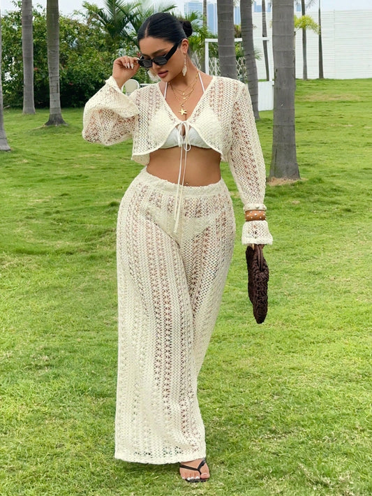 Dazy Plus 2pcs/Set V-Neck Long Sleeve Semi-Sheer Cover Up Swimsuit Cover Up & Pants, Plus Size Women, Spring/Summer Vacation Beach Outfits
