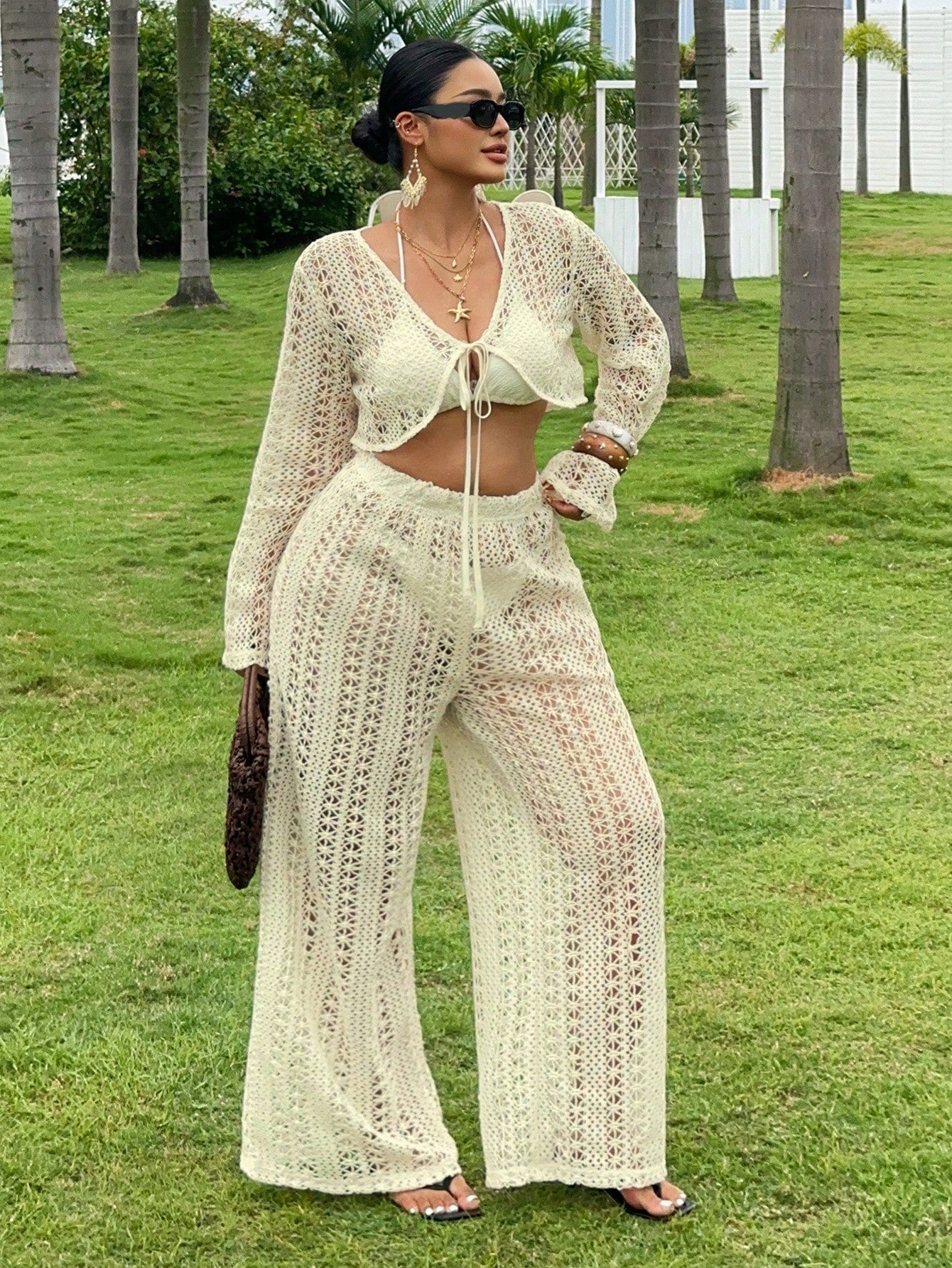 Dazy Plus 2pcs/Set V-Neck Long Sleeve Semi-Sheer Cover Up Swimsuit Cover Up & Pants, Plus Size Women, Spring/Summer Vacation Beach Outfits