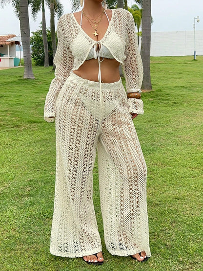 Dazy Plus 2pcs/Set V-Neck Long Sleeve Semi-Sheer Cover Up Swimsuit Cover Up & Pants, Plus Size Women, Spring/Summer Vacation Beach Outfits