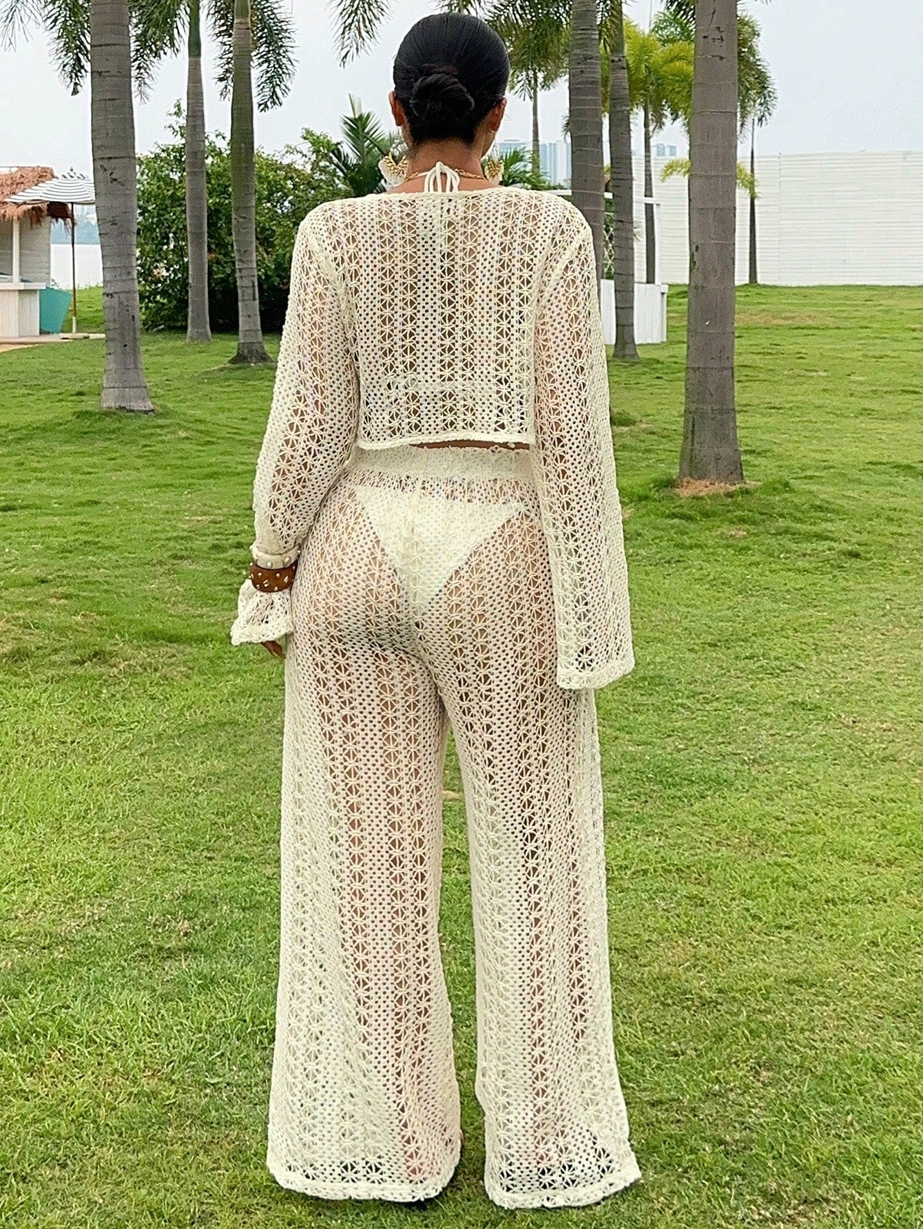 Dazy Plus 2pcs/Set V-Neck Long Sleeve Semi-Sheer Cover Up Swimsuit Cover Up & Pants, Plus Size Women, Spring/Summer Vacation Beach Outfits