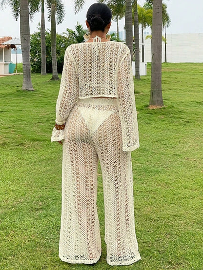 Dazy Plus 2pcs/Set V-Neck Long Sleeve Semi-Sheer Cover Up Swimsuit Cover Up & Pants, Plus Size Women, Spring/Summer Vacation Beach Outfits