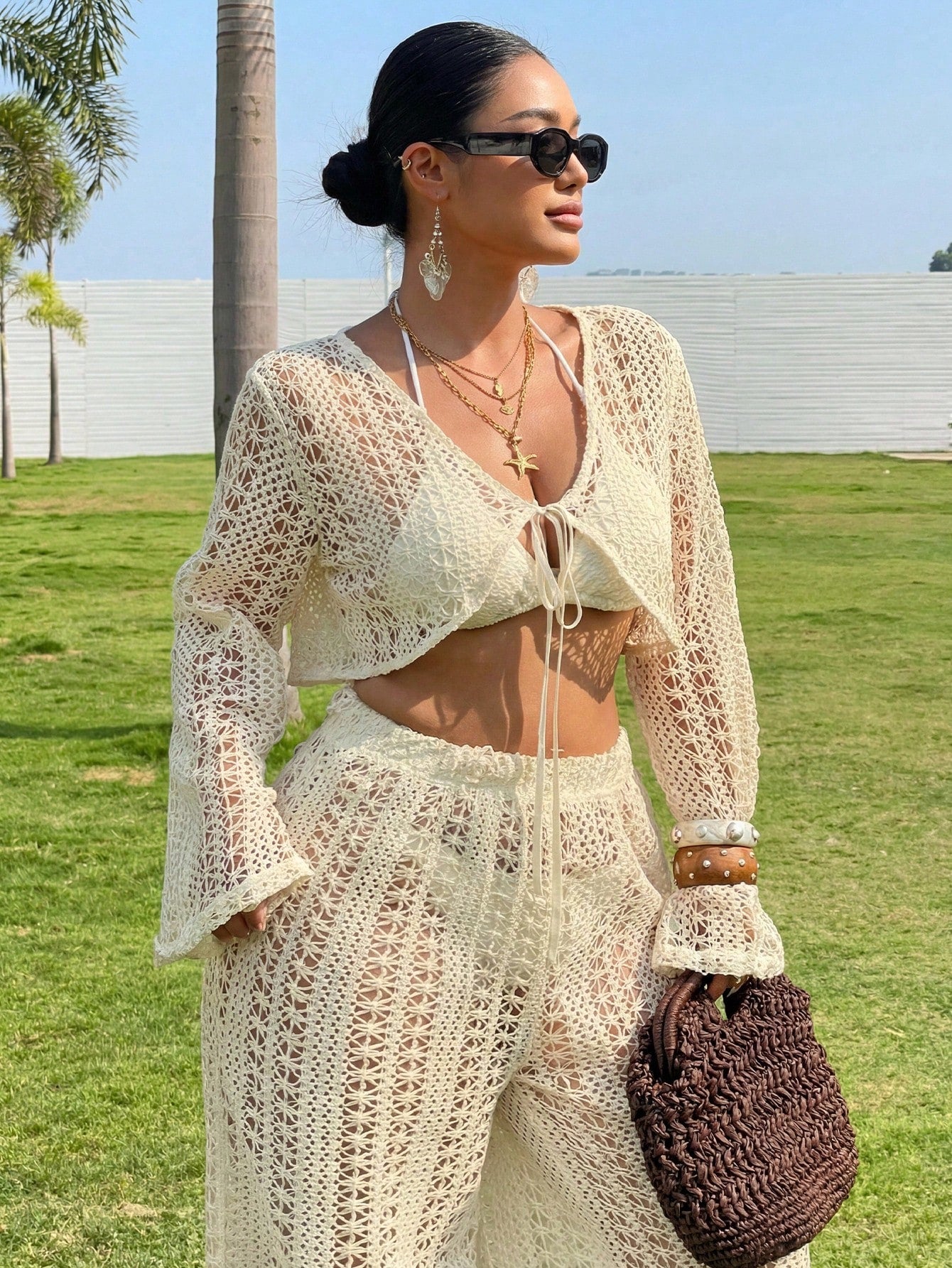 Dazy Plus 2pcs/Set V-Neck Long Sleeve Semi-Sheer Cover Up Swimsuit Cover Up & Pants, Plus Size Women, Spring/Summer Vacation Beach Outfits