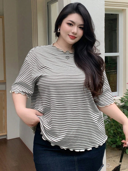Dazy Plus Oversized Striped Short Sleeve Black & White Summer T-Shirt