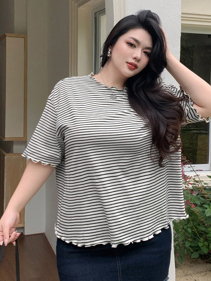 Dazy Plus Oversized Striped Short Sleeve Black & White Summer T-Shirt