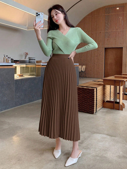 DAZY Solid Color Elegant Pleated Women's Skirt, Spring/Summer Fall,Winter