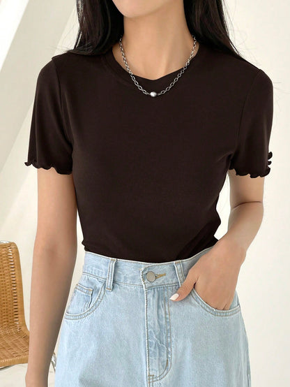 DAZY Summer Casual Round Neck Pleated Short Sleeve T-Shirt Preppy Tops