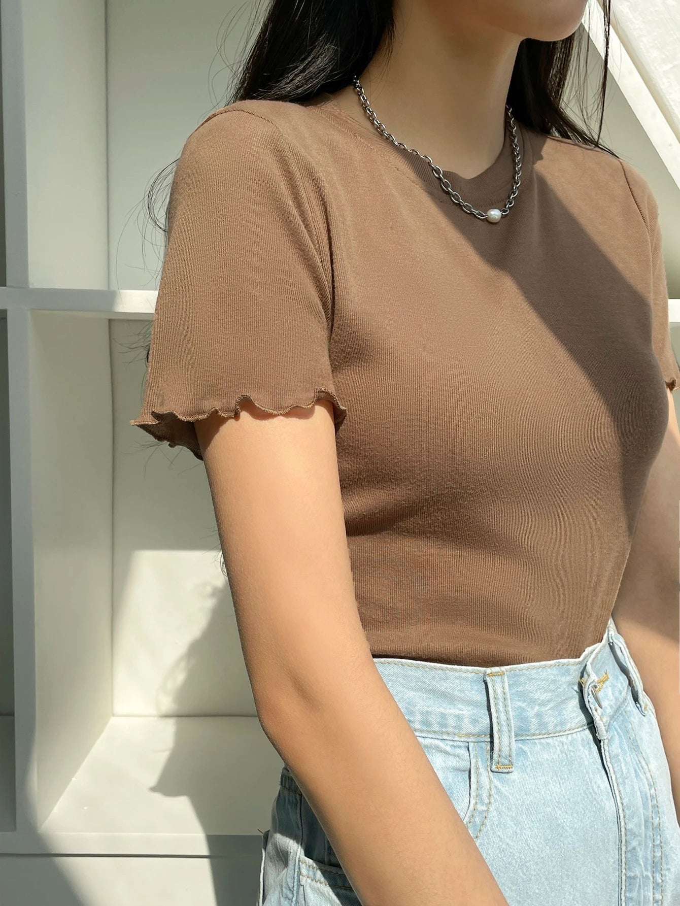 DAZY Summer Casual Round Neck Pleated Short Sleeve T-Shirt Preppy Tops