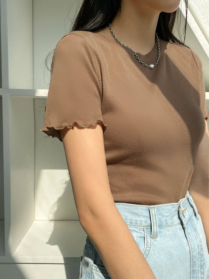 DAZY Summer Casual Round Neck Pleated Short Sleeve T-Shirt Preppy Tops