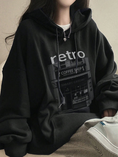 DAZY Women Hooded Pattern Printed Loose Pocket Fleece Sweatshirt,Fall Clothes,Winter Hoodies
