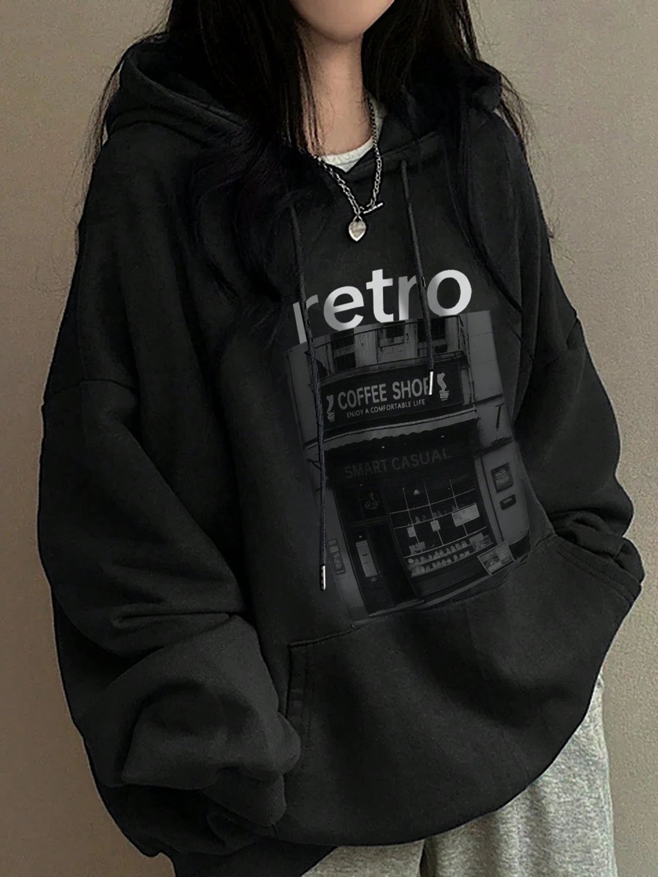 DAZY Women Hooded Pattern Printed Loose Pocket Fleece Sweatshirt,Fall Clothes,Winter Hoodies