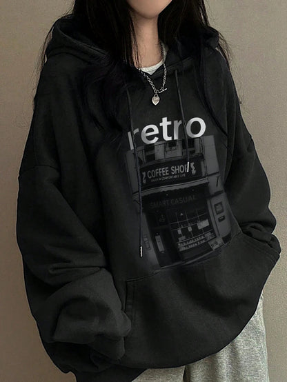 DAZY Women Hooded Pattern Printed Loose Pocket Fleece Sweatshirt,Fall Clothes,Winter Hoodies