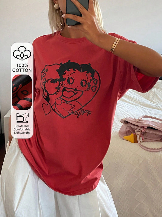 DAZY Women's Heart & Cartoon Character Print Round Neck Short Sleeve T-Shirt Summer Graphic Tee