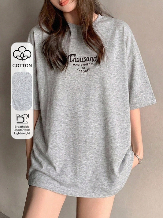 DAZY Women's Letter Print Loose Fit Round Neck Short Sleeve T-Shirt Graphic Tee Summer