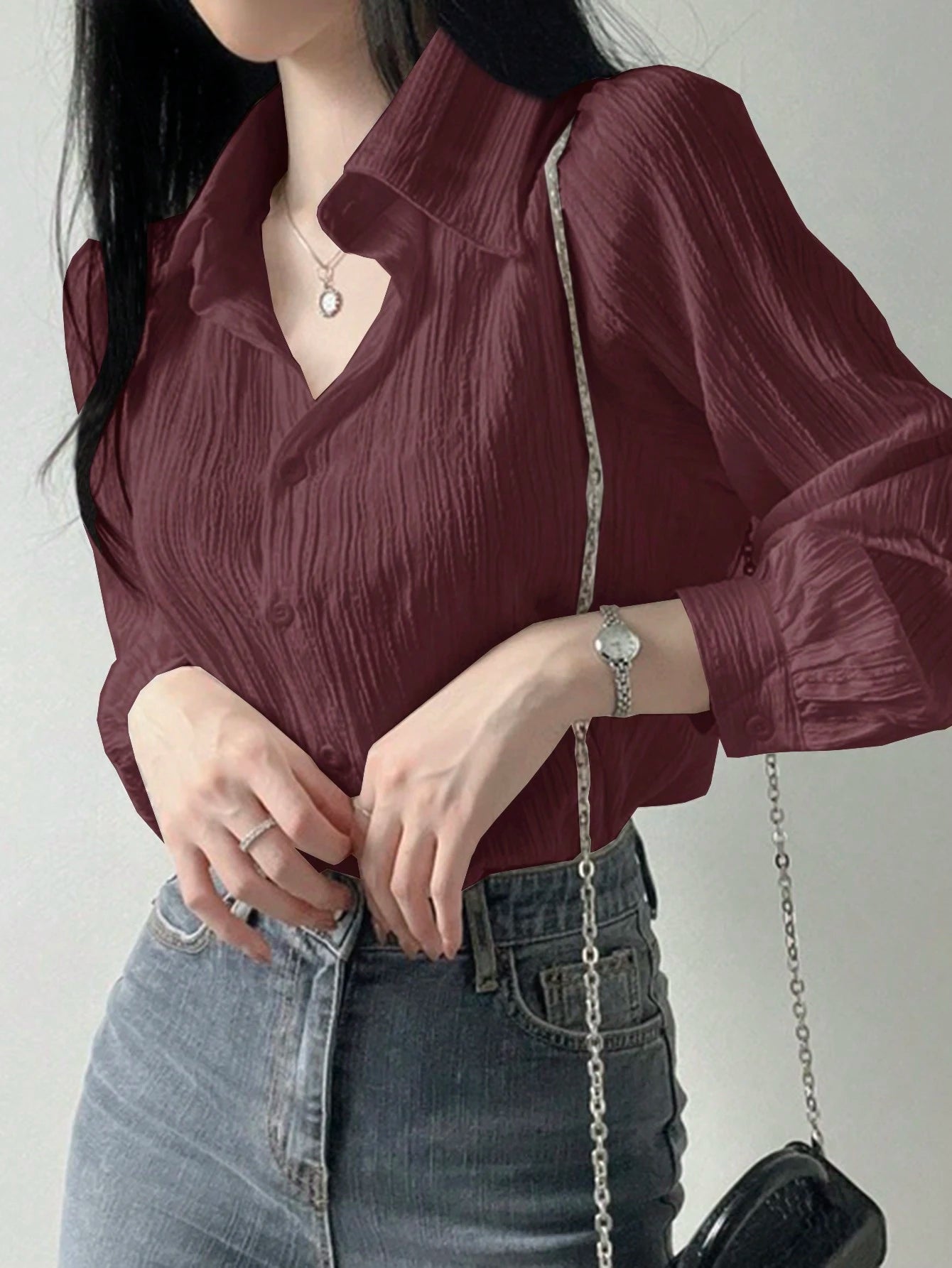 DAZY Women's Pleated Plain Collar Loose Blouse, Purplish Red, Spring/Summer,Fall Clothes Preppy Tops Long Sleeve Top