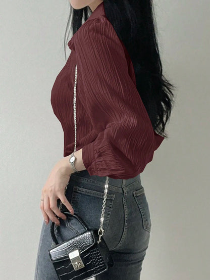 DAZY Women's Pleated Plain Collar Loose Blouse, Purplish Red, Spring/Summer,Fall Clothes Preppy Tops Long Sleeve Top