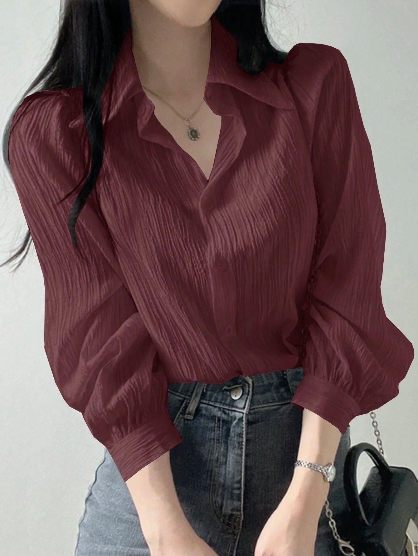 DAZY Women's Pleated Plain Collar Loose Blouse, Purplish Red, Spring/Summer,Fall Clothes Preppy Tops Long Sleeve Top