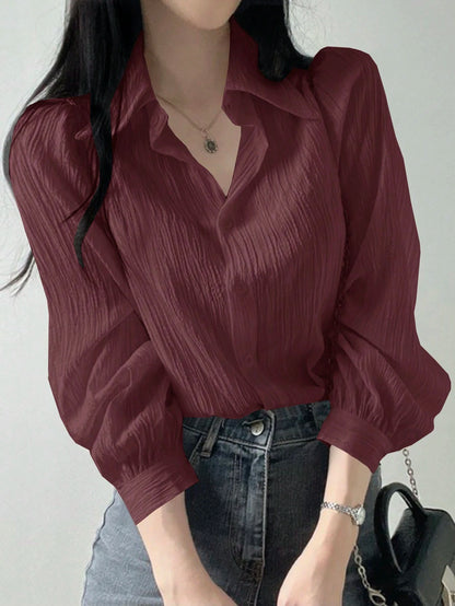 DAZY Women's Pleated Plain Collar Loose Blouse, Purplish Red, Spring/Summer,Fall Clothes Preppy Tops Long Sleeve Top