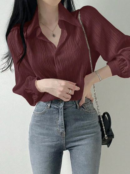DAZY Women's Pleated Plain Collar Loose Blouse, Purplish Red, Spring/Summer,Fall Clothes Preppy Tops Long Sleeve Top