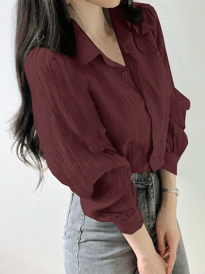 DAZY Women's Pleated Plain Collar Loose Blouse, Purplish Red, Spring/Summer,Fall Clothes Preppy Tops Long Sleeve Top