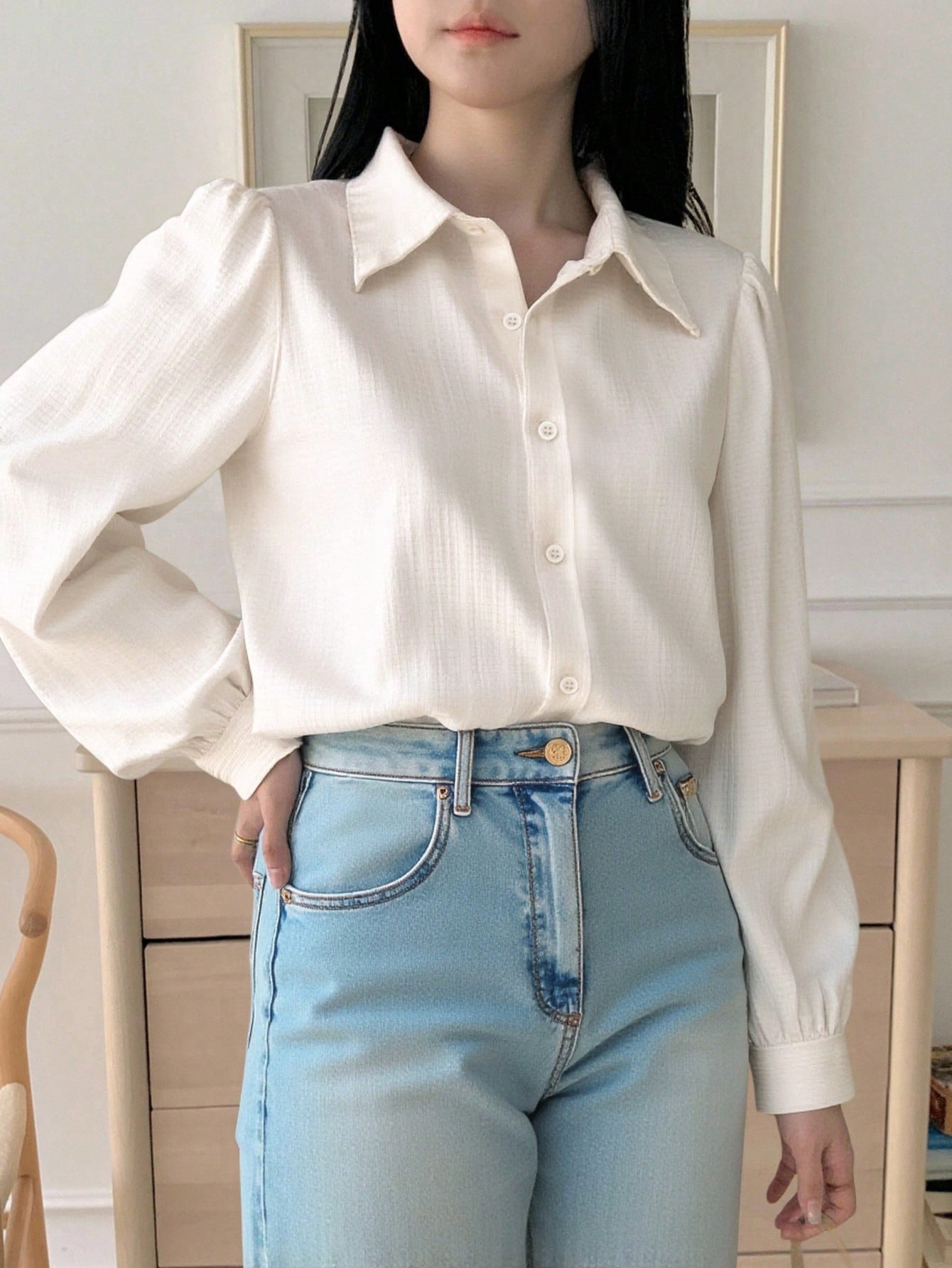 DAZY Women's Pleated Plain Collar Loose Blouse, Purplish Red, Spring/Summer,Fall Clothes Preppy Tops Long Sleeve Top