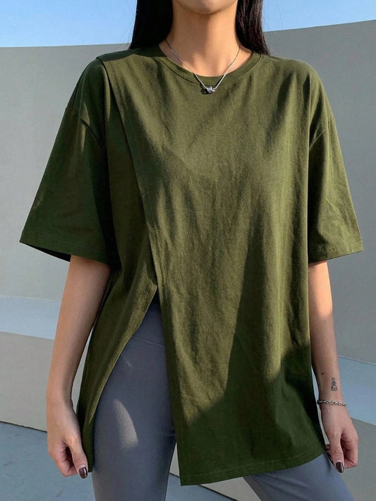 DAZY Women's Round Neck Loose Casual Split Short Sleeve T-Shirt, Summer