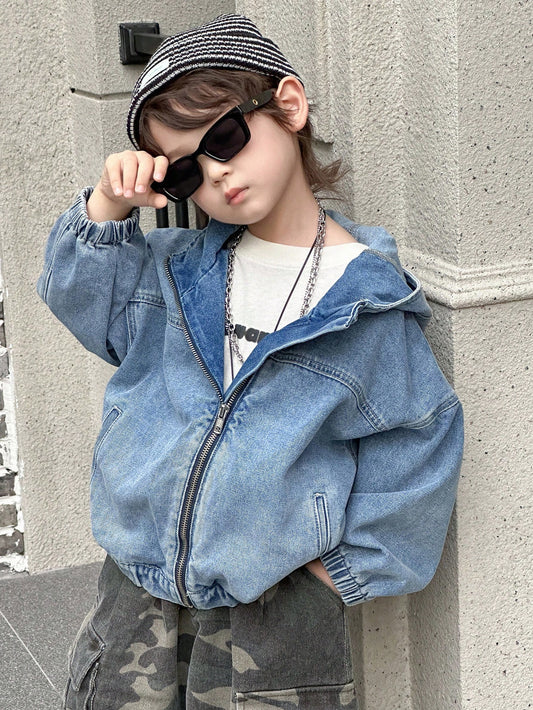 DAZY Young Boys Loose Casual Hooded Denim Jacket And Outerwear, Street Cool Style, Autumn