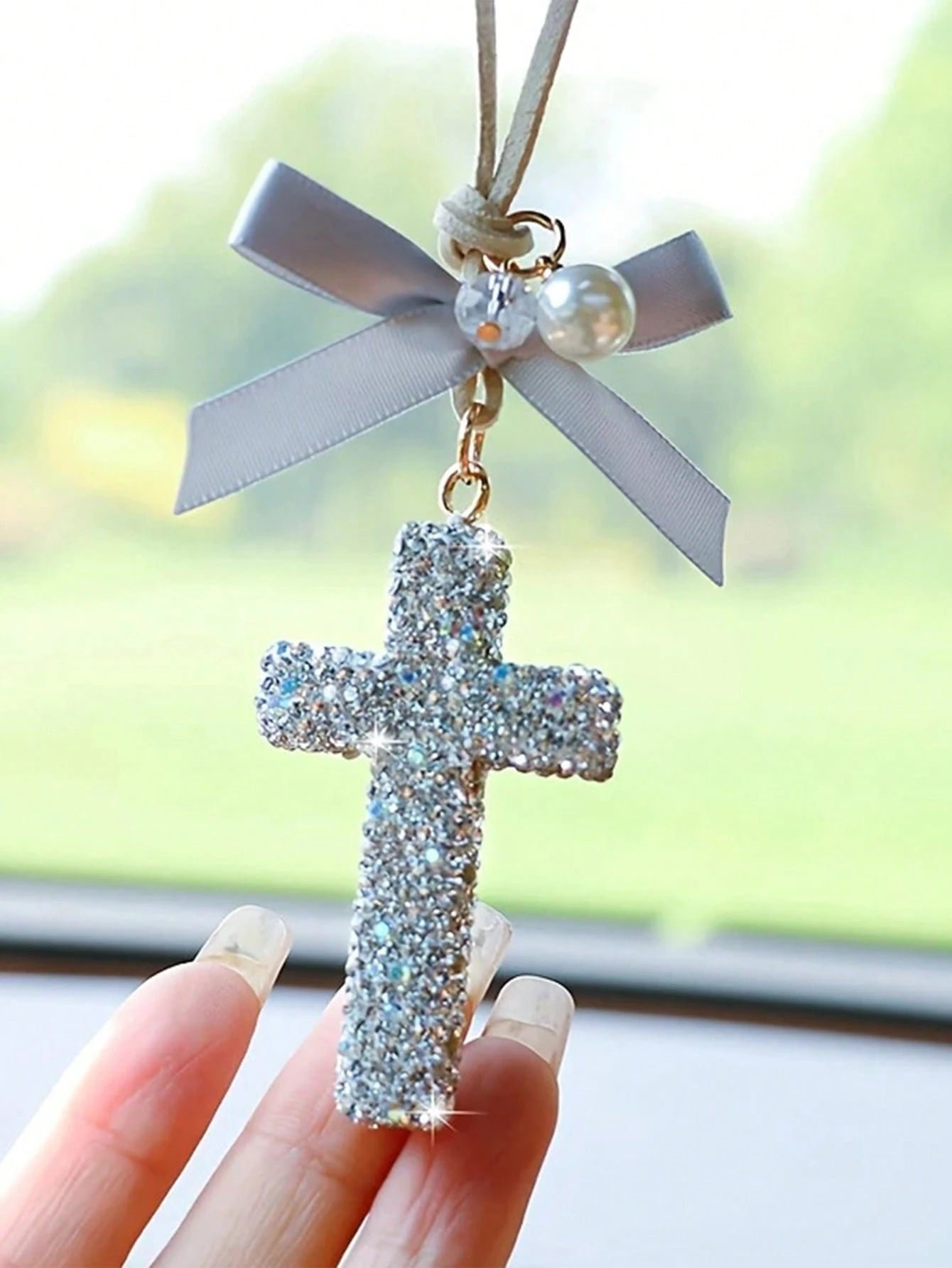 Dazzling Crystal Cross Car Hanging Ornament- Rhinestone Studded For Rearview Mirror Elegant & Meaningful Decor- Lightweight & Safe- Spiritual Gift For Christmas/Baptism