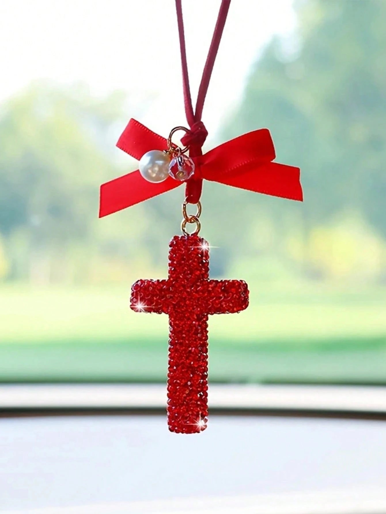 Dazzling Crystal Cross Car Hanging Ornament- Rhinestone Studded For Rearview Mirror Elegant & Meaningful Decor- Lightweight & Safe- Spiritual Gift For Christmas/Baptism